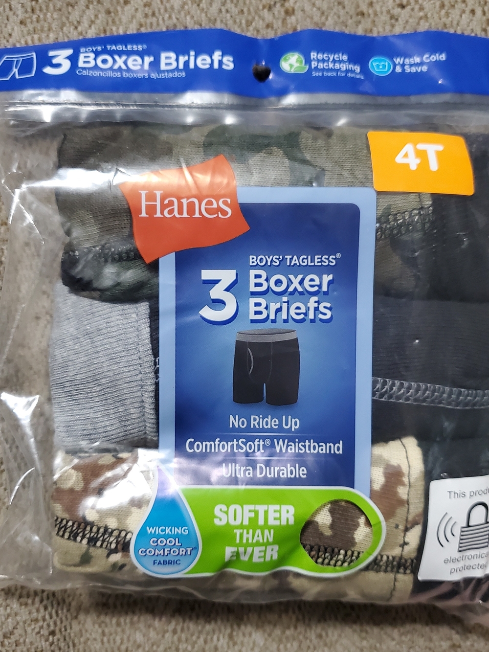 Hanes Boys' Size 4T 3-Pack Boxer Briefs - Black, Gray, Camo